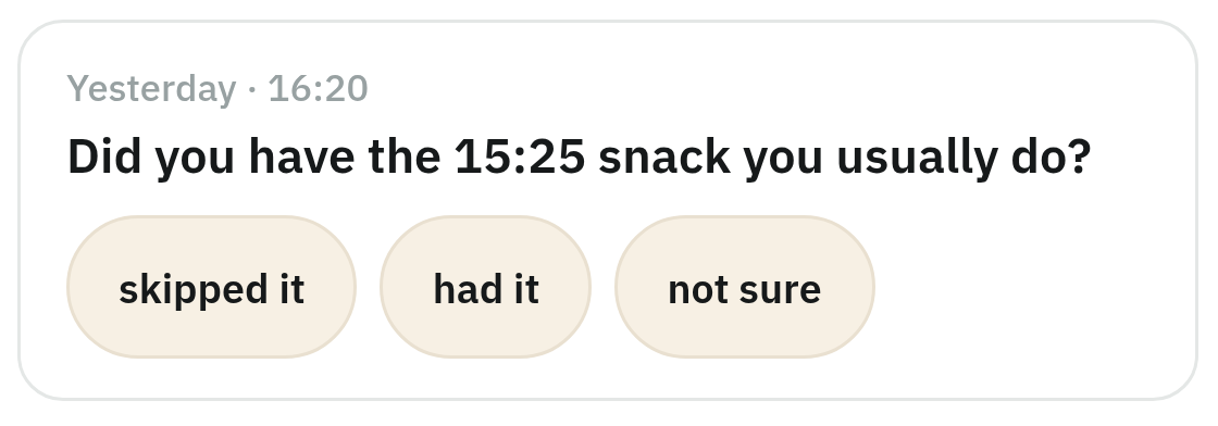 A question card in the glyso app: 'Did you have the 15:25 snack you usually do?' with the answers skipped it, had it and not sure.